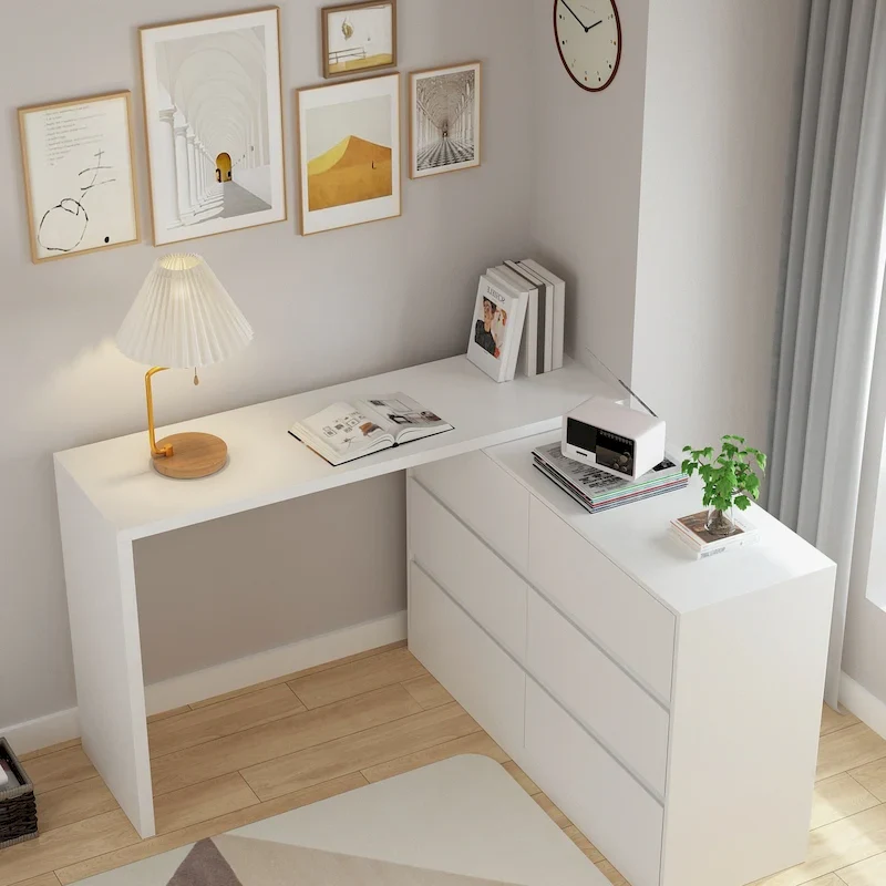 White/Black 6-Drawer Rotating Dresser & Desk Combo, 1-Person