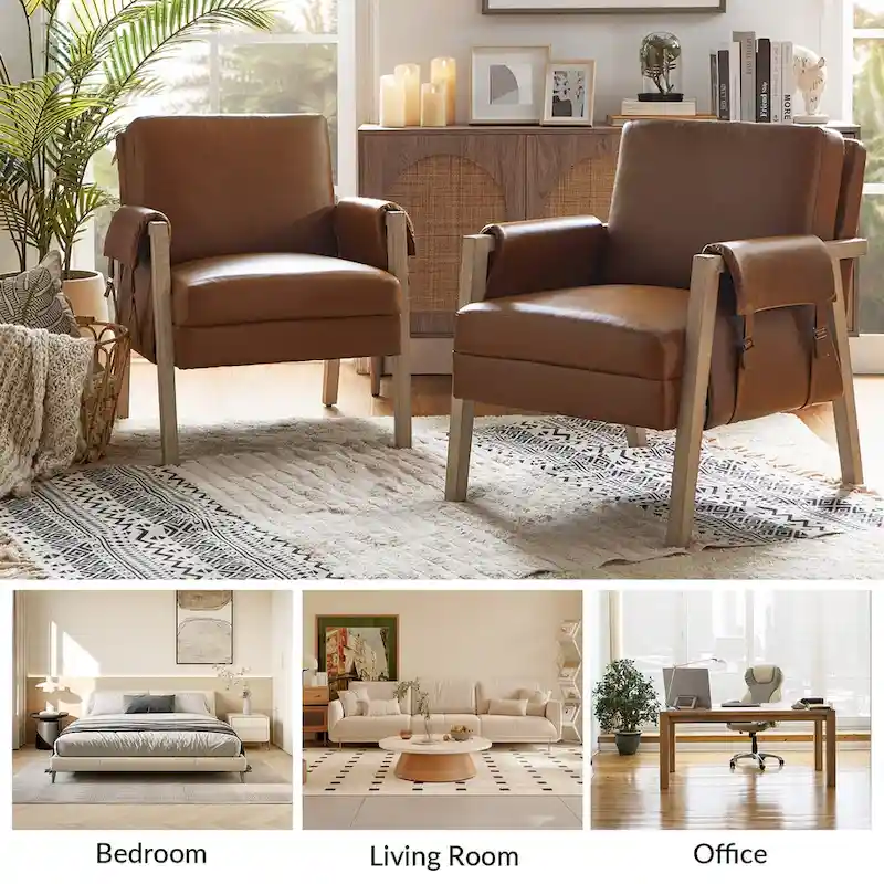 Olivia Farmhouse Faux Leather Accent Chair with Solid Wood Legs Sets of 2 by HULALA HOME