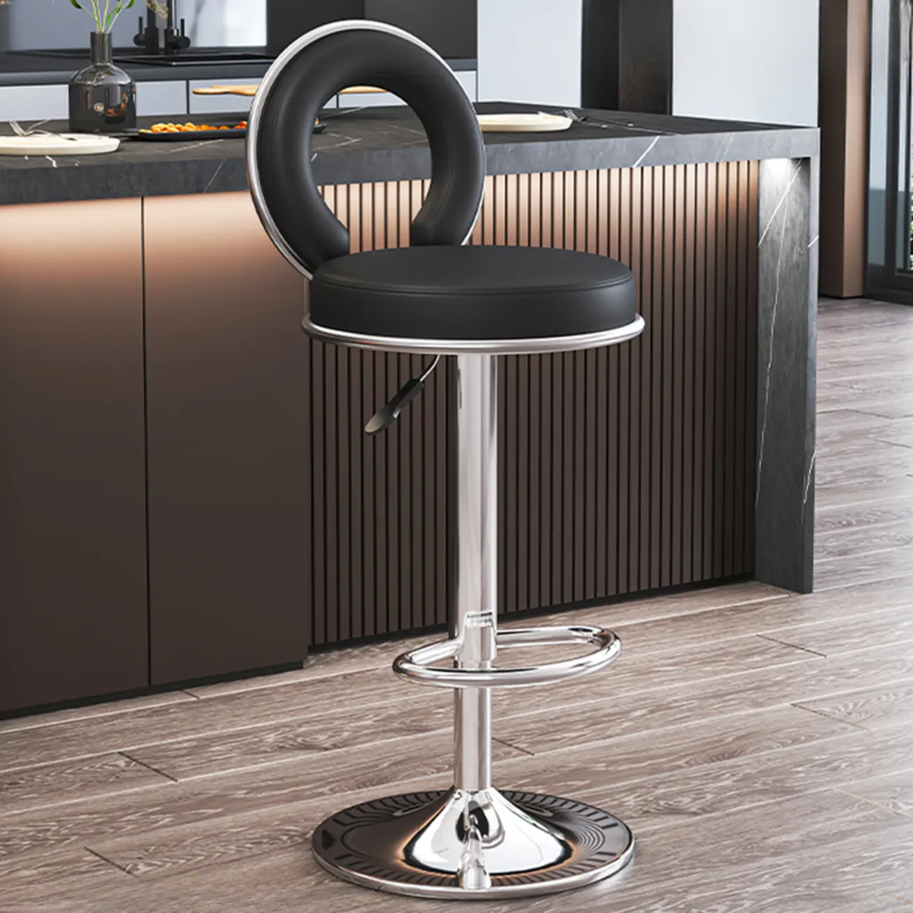Glam Round Adjustable Leather Swivel Bar Stool with Back