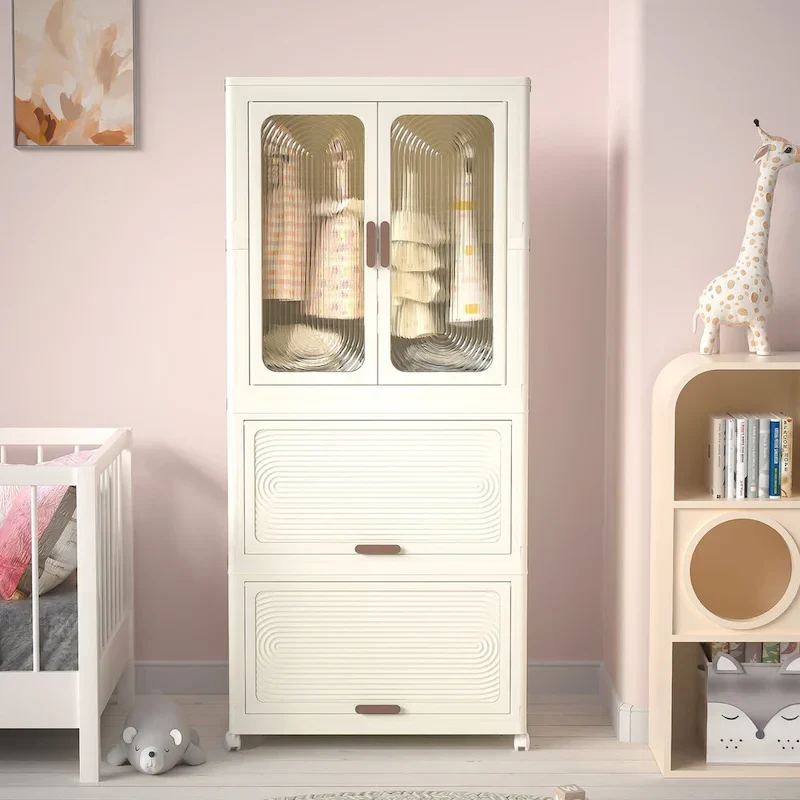 Cream White 4-Cube Portable Wardrobe Closet with Magnetic Doors & Hanging Rod, Single-Person