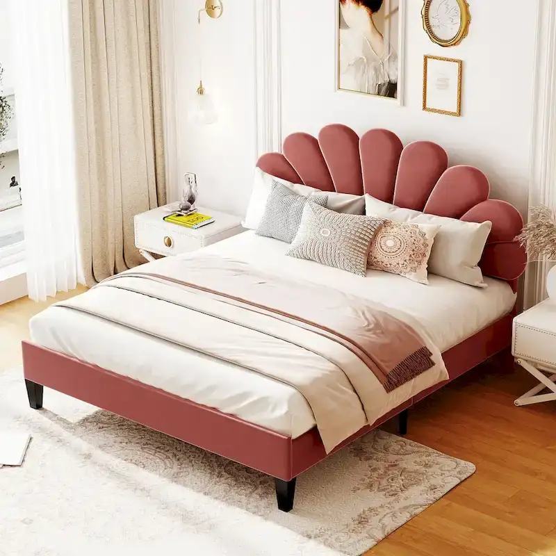 Red Velvet Queen Size Upholstered Platform Bed with Flower Pattern Headboard, No Box Spring Required