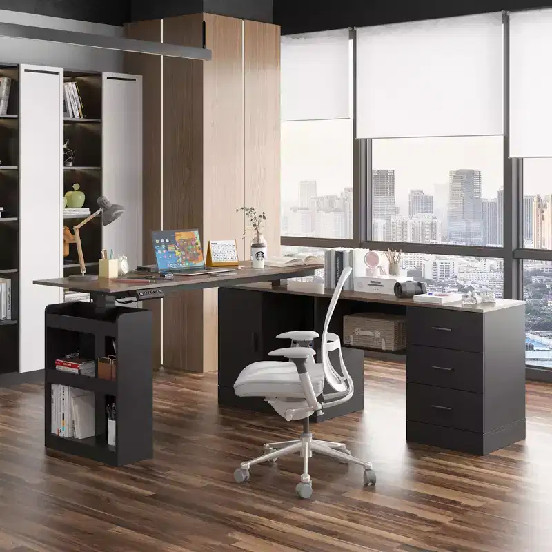 Famapy Height - Adjustable Computer Desk Office Desk Standing Desk:L - Shaped Spacious Desktop, Storage Cabinets