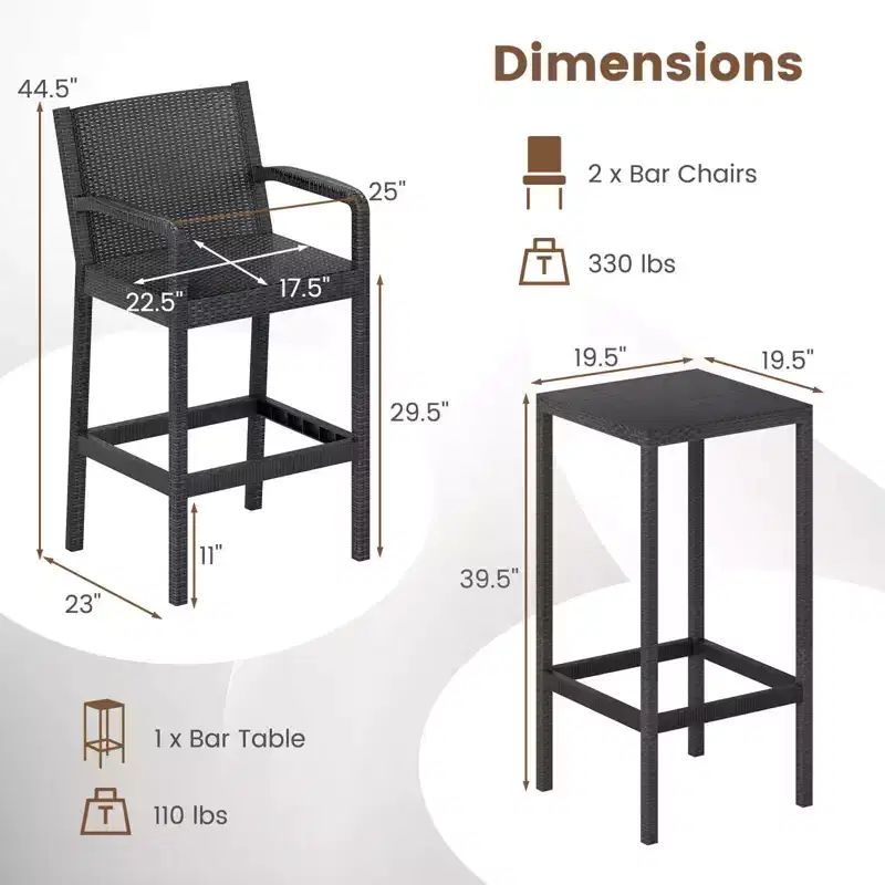 Costway 3 Pieces Patio Bar Set with 2 Stools & 1 Bar Table Curved Backrest Armrests