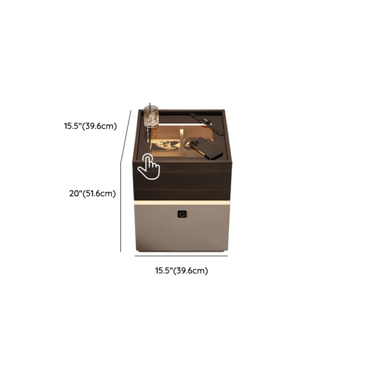 Narrow Black Glass Top 2-Drawer Wood Nightstand with Light