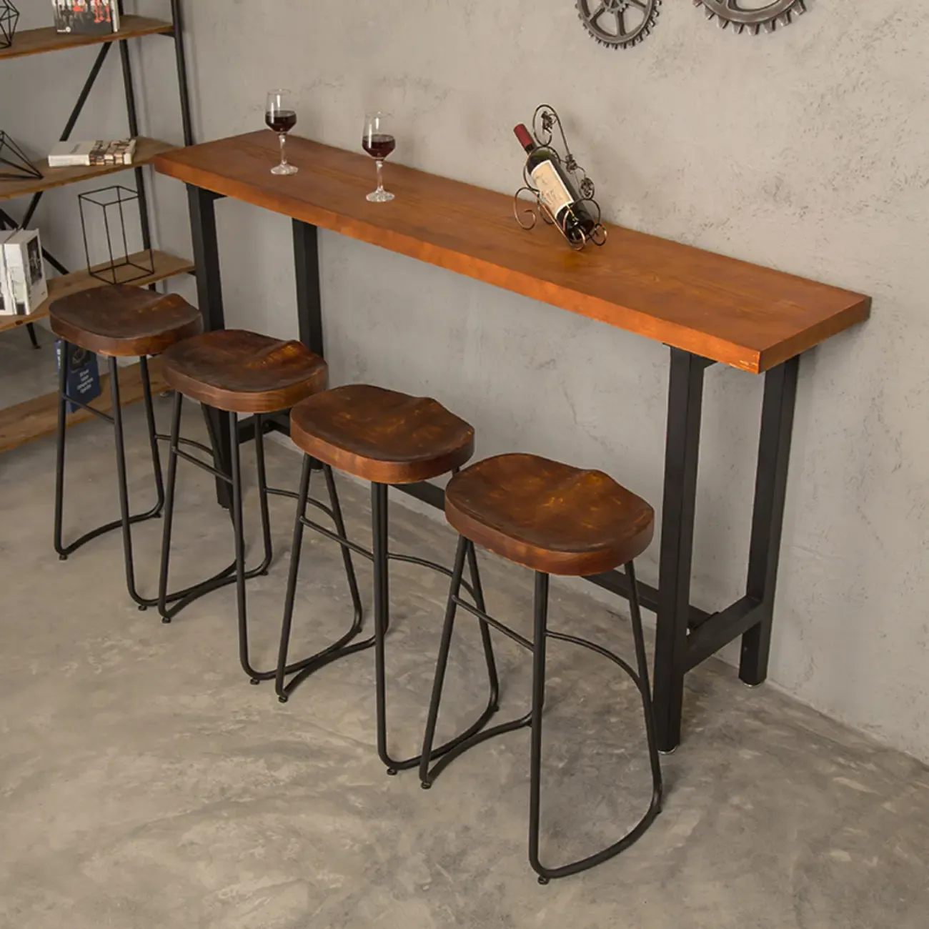 Modern Industrial Bar Table Wood Top Metal Trestle Base