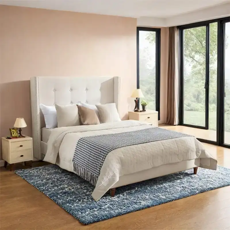 Ivory Wingback Tufted Upholstered King Bed, Sleeps 1