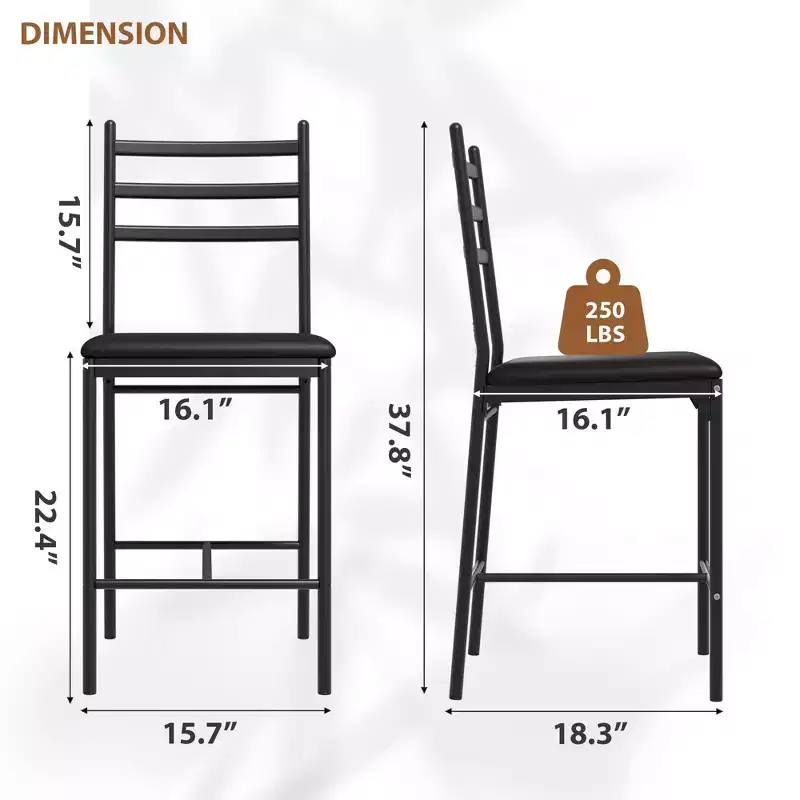 Bar Stools Set of 2, Counter Height Barstools w/Footrest & Back, Modern Upholstered Bar Chairs, Metal Bar Stools for Kitchen Counter, Island