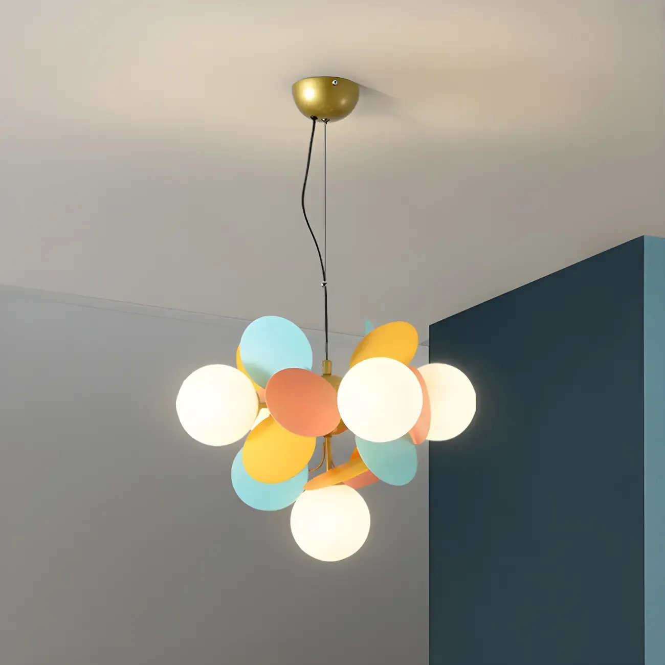 Pastel Sphere Glass and Metal Starburst Chandelier