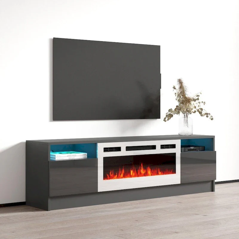 63 Inch TV Stand with Electric Fireplace Insert and LED Lighting