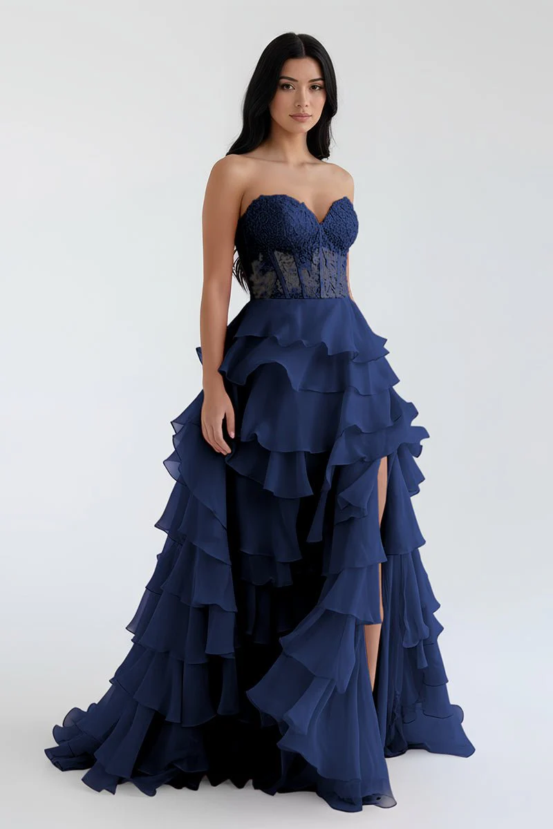 Royal Blue Chiffon Sweetheart Ruffle Tiered Long Prom Dress
