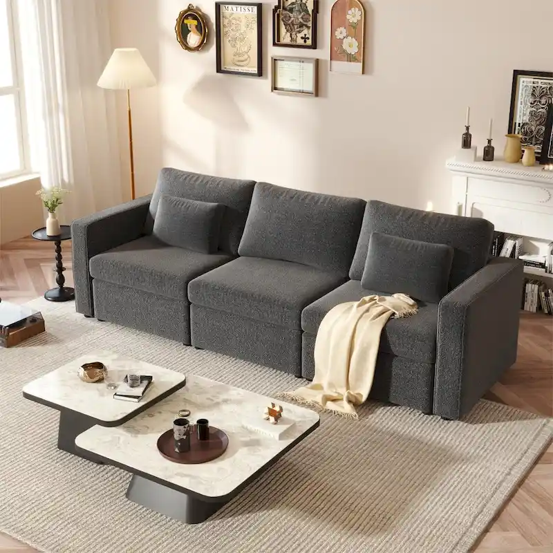 Beige Cotton Linen L-Shape Sectional Sofa with Storage Ottoman, Seats 4+