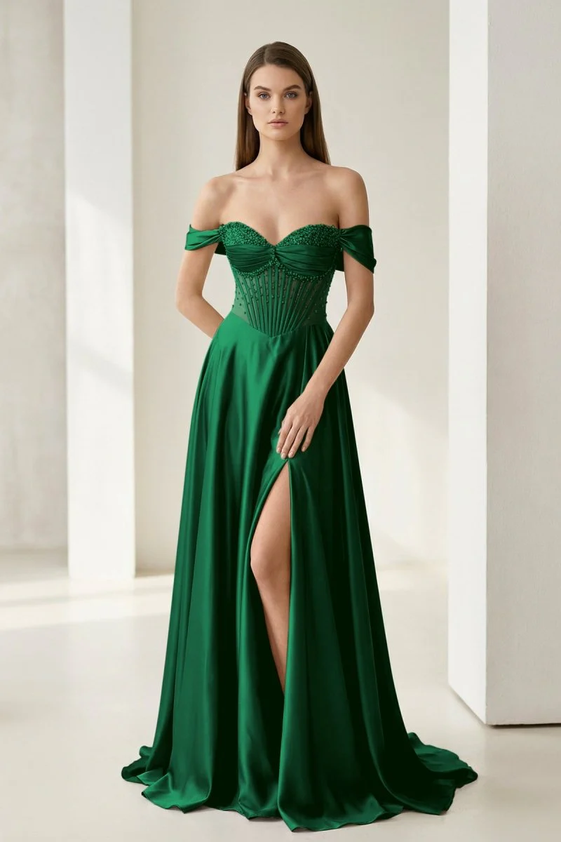 Sage Off The Shoulder A Line Satin Beaded Prom Dresses With Slit