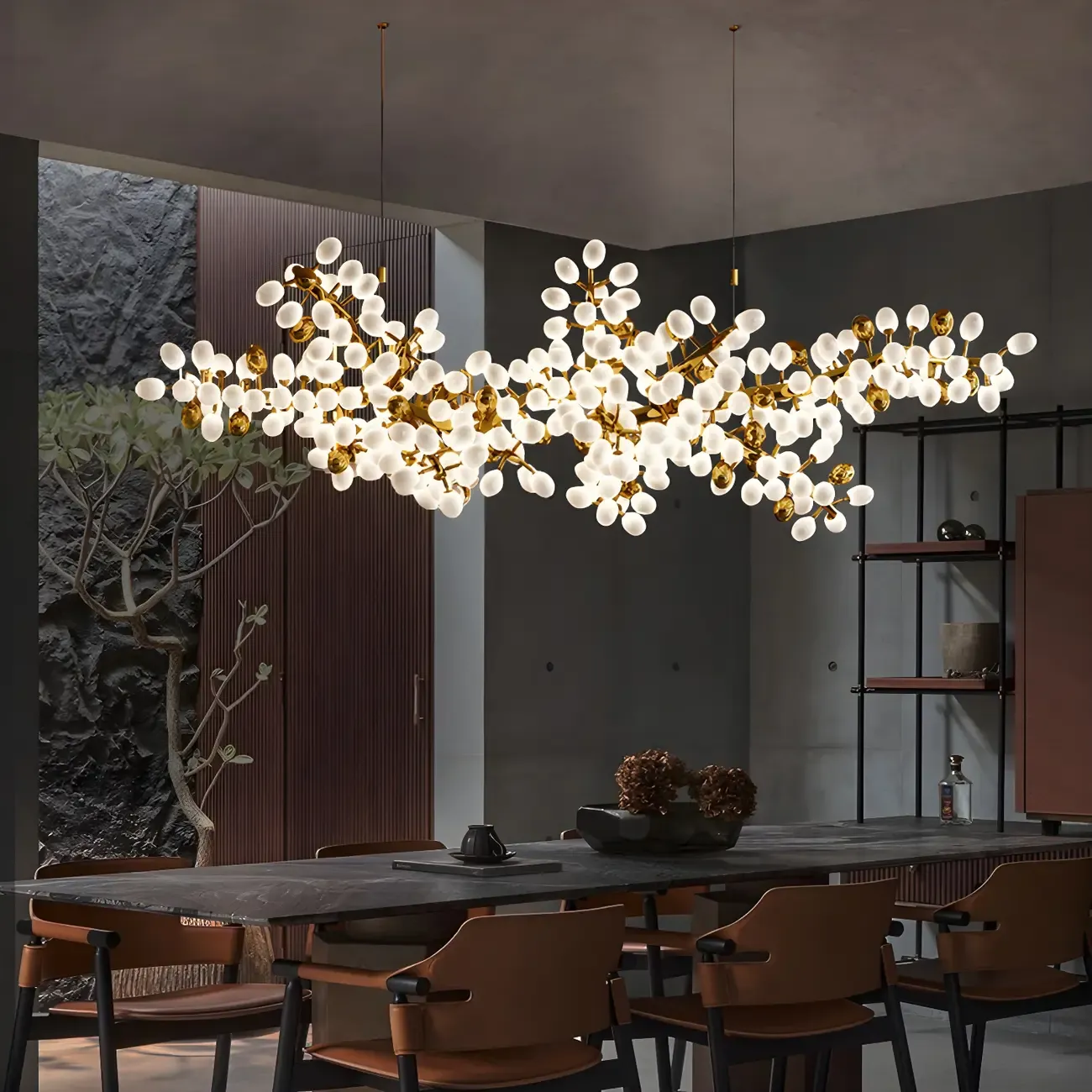 1 Tier Gold Branch White Glass Oval Cluster Pendant Light