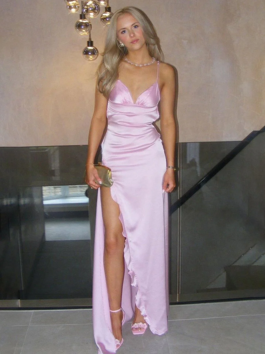 Mermaid Spaghetti Straps Pink Satin Long Party Dress