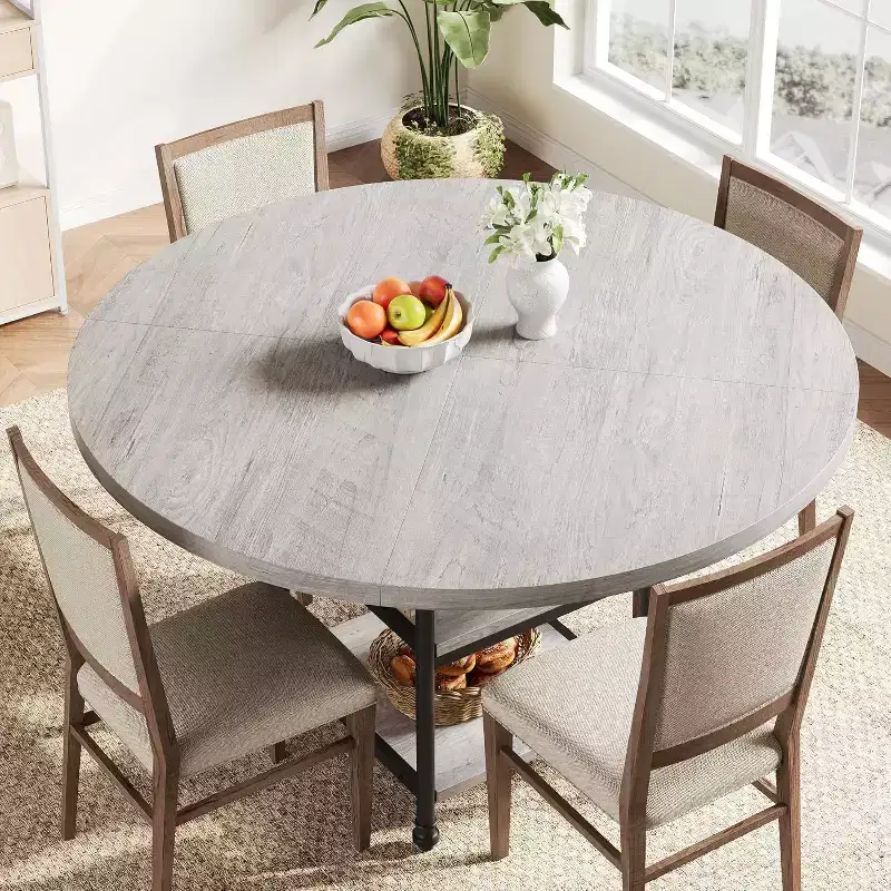 Dining Table Round Table - 47 Inch for 4-6 People, Spacious Dinner Kitchen Table with Sturdy Structure & Adjustable Leg Pads