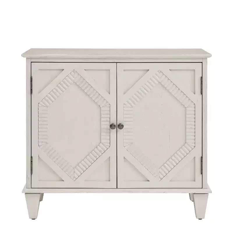 HomeRoots 34 White Wood Carved Geometric Accent Cabinet With Two Doors
