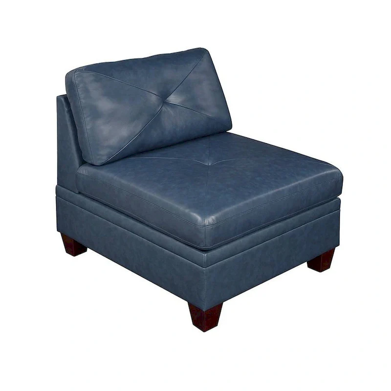 37 Inch Modular Armless Sofa Chair, Blue Faux Leather, Solid Wood