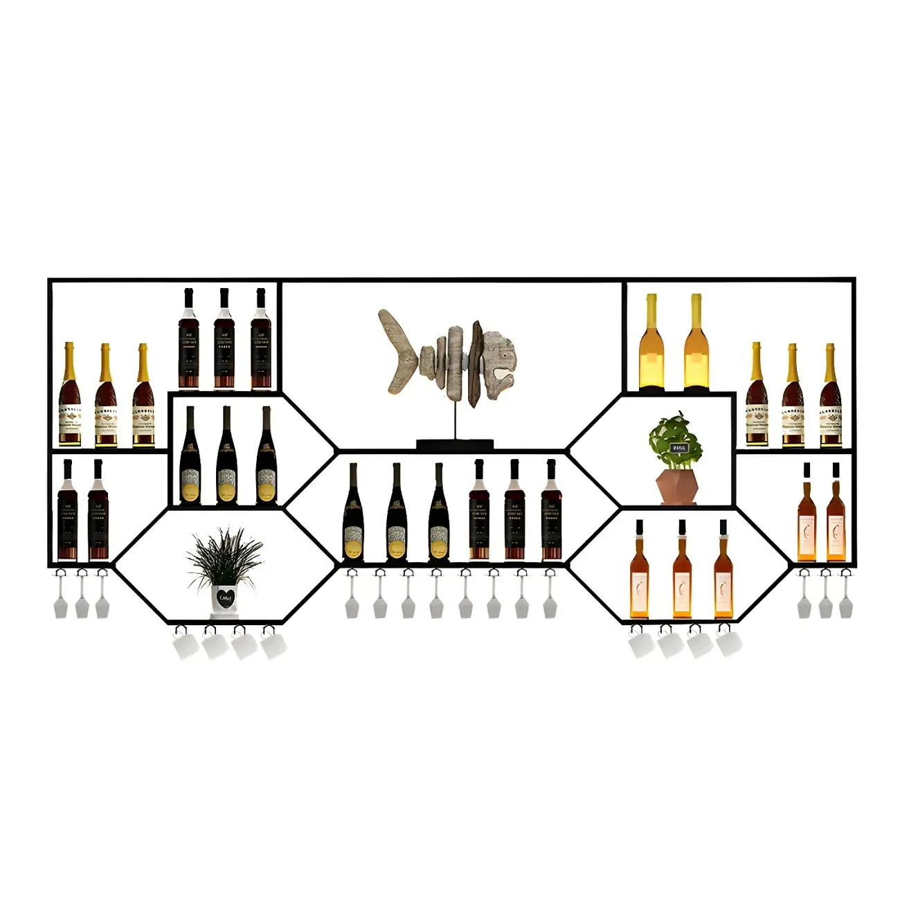 Black Metal Wall-Mounted Lighted Wine Rack