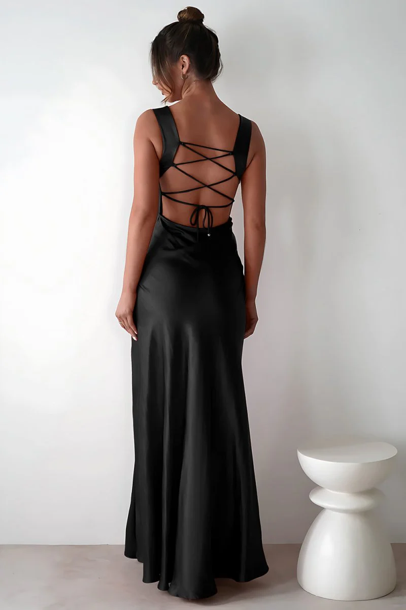 Red A-Line Square Neck Satin Long Prom Dresses with Slit