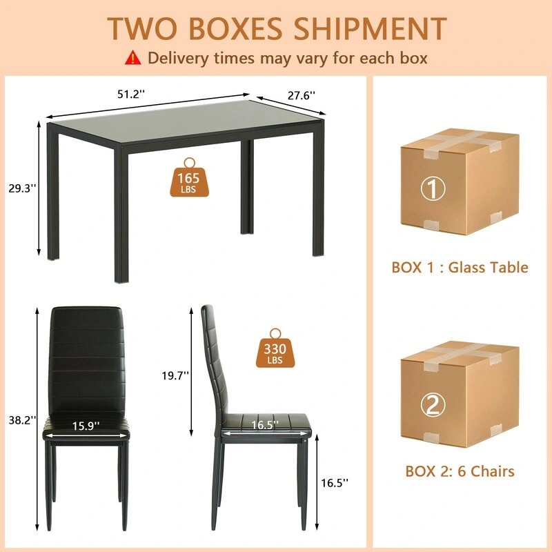 Grondin Modern Style 7-Piece Dining Room Table Set with Tempered Glass Tabletop and 6 PU Leather Upholstered Chairs