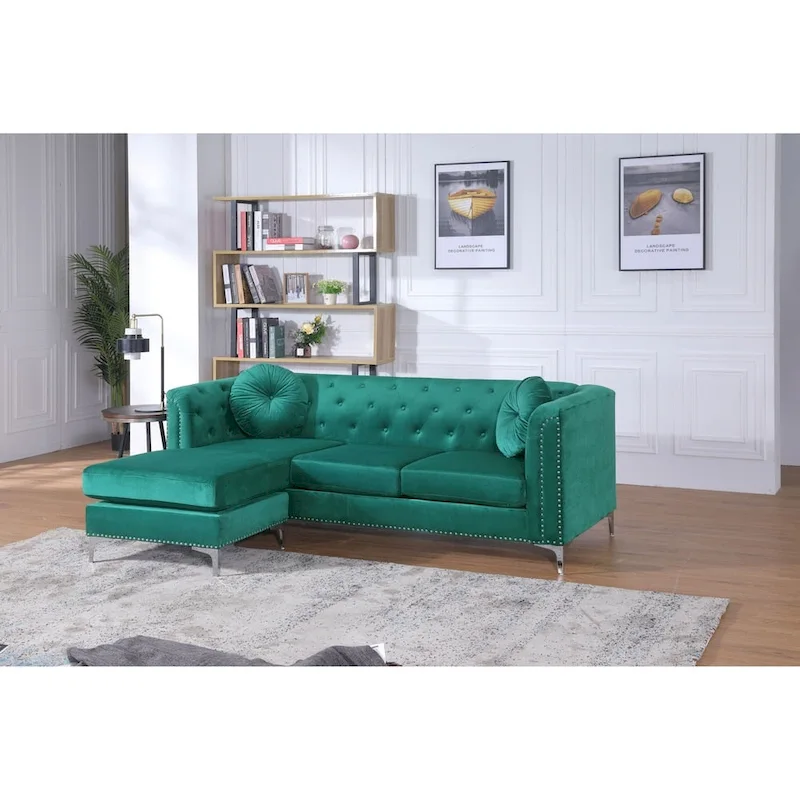 Velvet Button-Tufted Sofa with Reversible Chaise for 3-4 People
