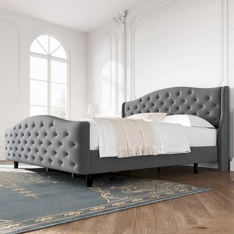 Bed Frame With Velvet Upholstered Headboard And Footboard