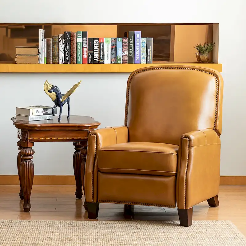 Modern Retro Genuine Leather Recliner with Nailhead Trim & Wooden Frame