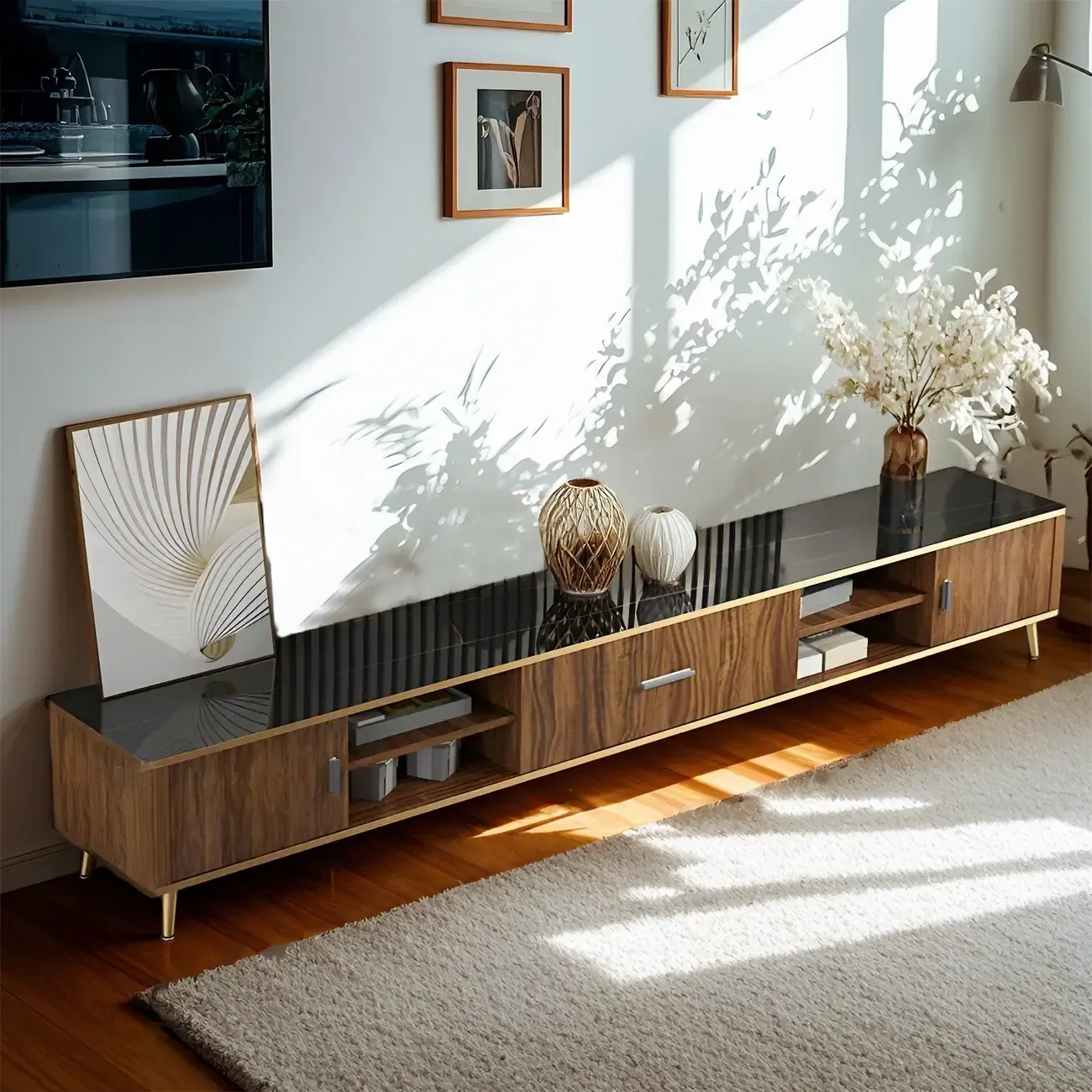 87 Glam Brown Stone Top Solid Wood Open Shelf TV Stand