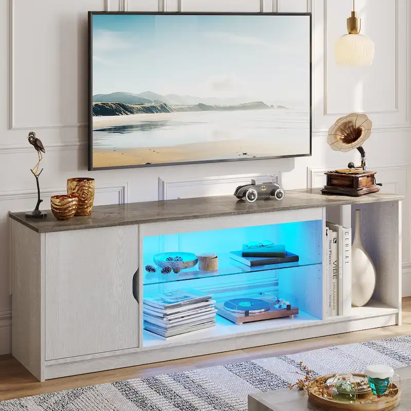 58-Inch TV Stand, Fits TVs up to 65 in, RGB Light Strip, Adjustable Tempered Glass Shelf, Enclosed Cabinet, Vertical Storage, Black Marble / White Wash, 1-Person Use