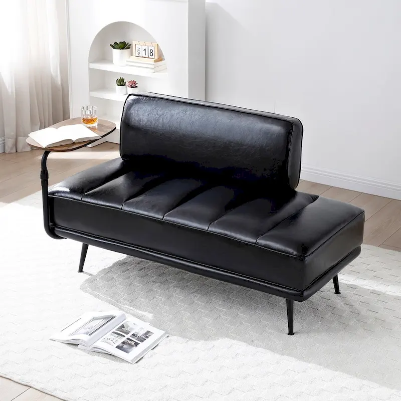 Beige/Black PU Leather End-of-Bed Bench with Swivel Tray, 56.3