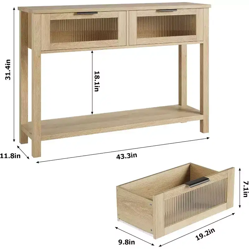 Narrow 2-Tier Console Table with 2 Glass Drawers, Modern Sofa & Entryway Table for Living Room, Hallway Natural
