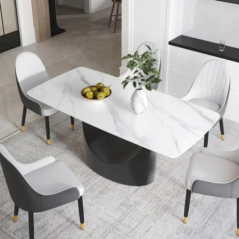 71  Black Marble Sintered Stone Table Top,Rectangle Dining Room Table with Unique U-Shape Black Carbon Steel Pedestal