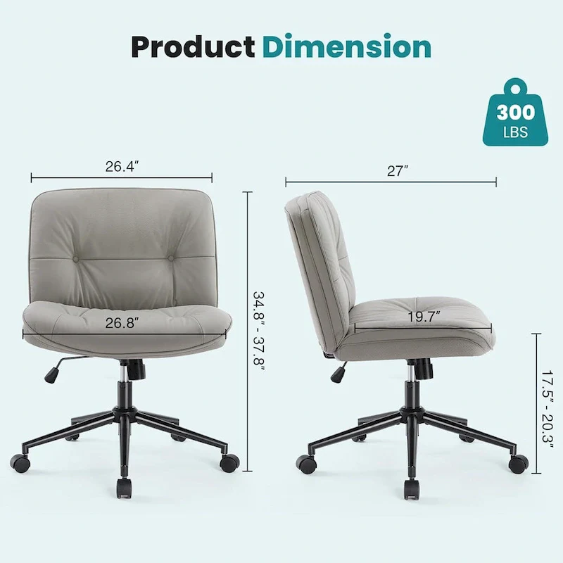 Criss Cross Chair with Wheels, Legged Home Office PU Leather Wide Armless Desk Seat, Rolling Ergonomic Comfy Vanity Seating