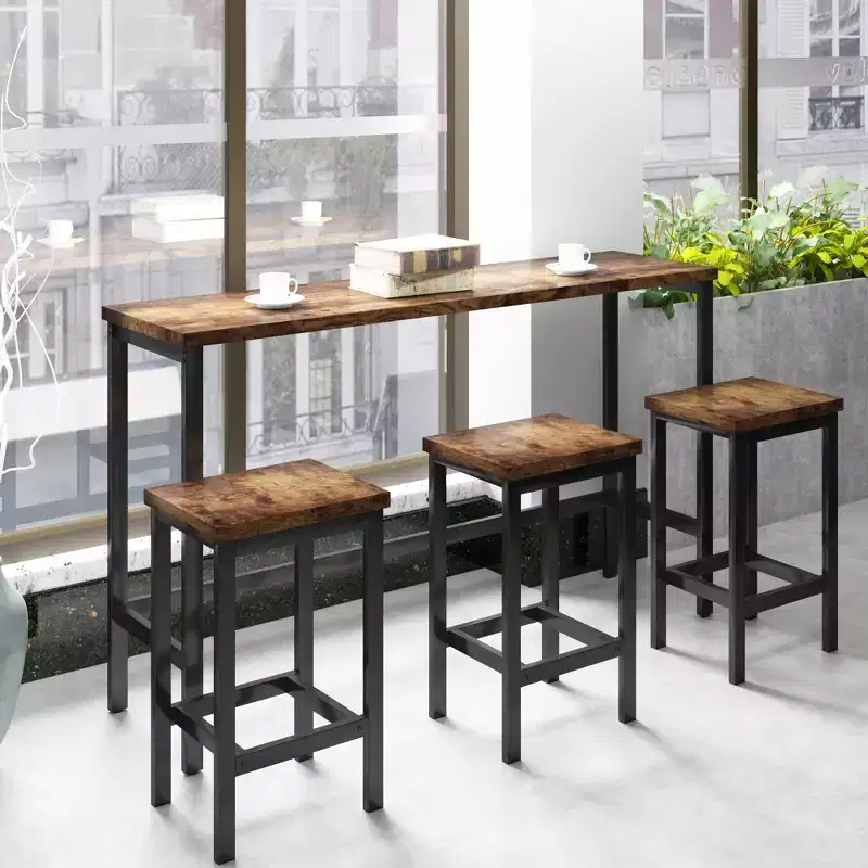 Counter Height Dining Table Set for 3, Metal Pub Kitchen Set Side Table with Footrest and 3 Stools