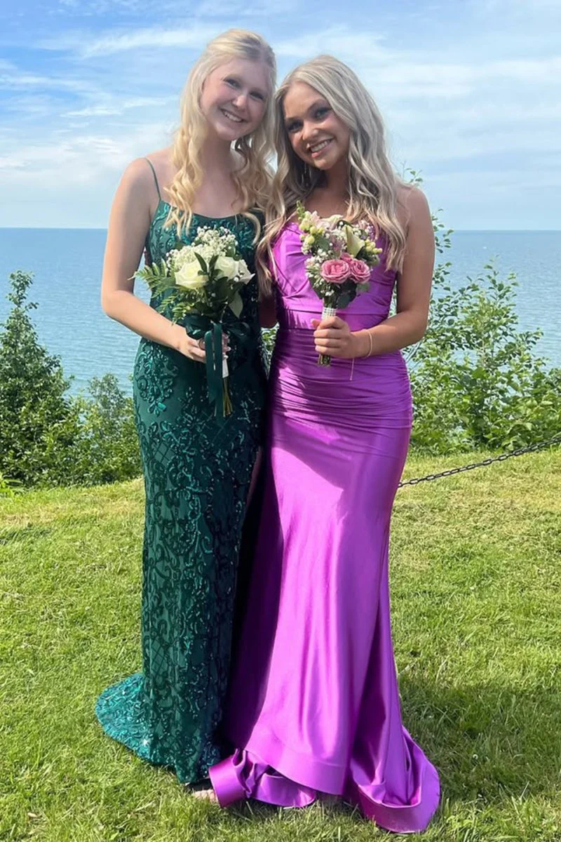 Mermaid V-Neck Satin Formal Dress with Lace-Up Back