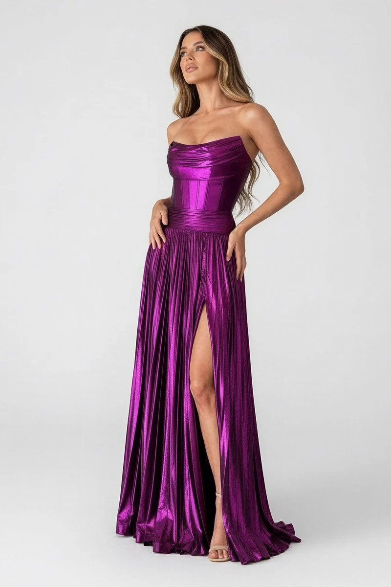 A Line Strapless Purple Pleated Metallic Long Prom Dress with Slit