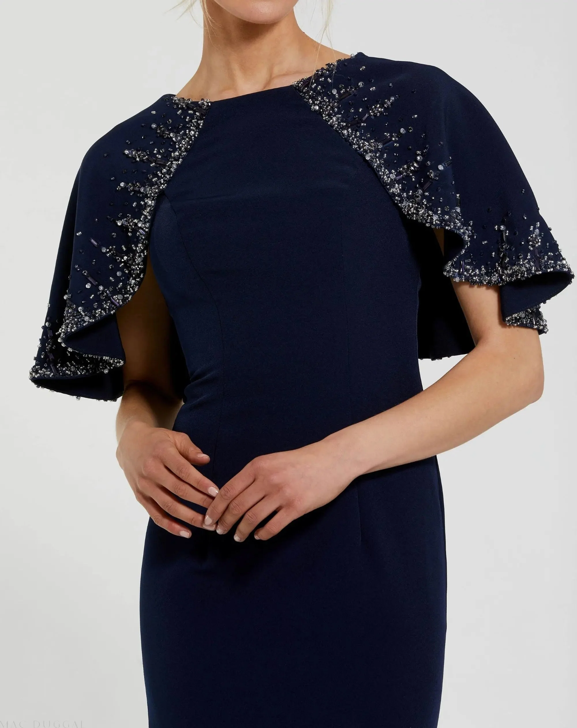 Navy Crepe High Neck Fitted Gown With Beaded Shawl