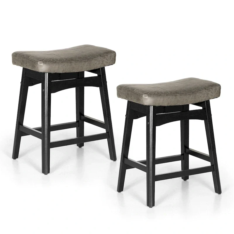 24 Inch Solid Wood Barstools with Linen / PU Leather Fabric Cushion, Set of 2