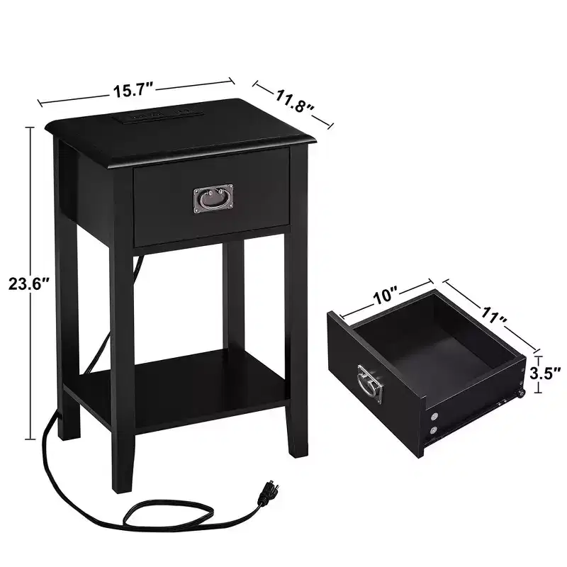 VECELO Nightstand Set of 2-with Charging Station, Black End/Side Table with USB Ports, Nightstands with 3-Drawers Storage Shelf