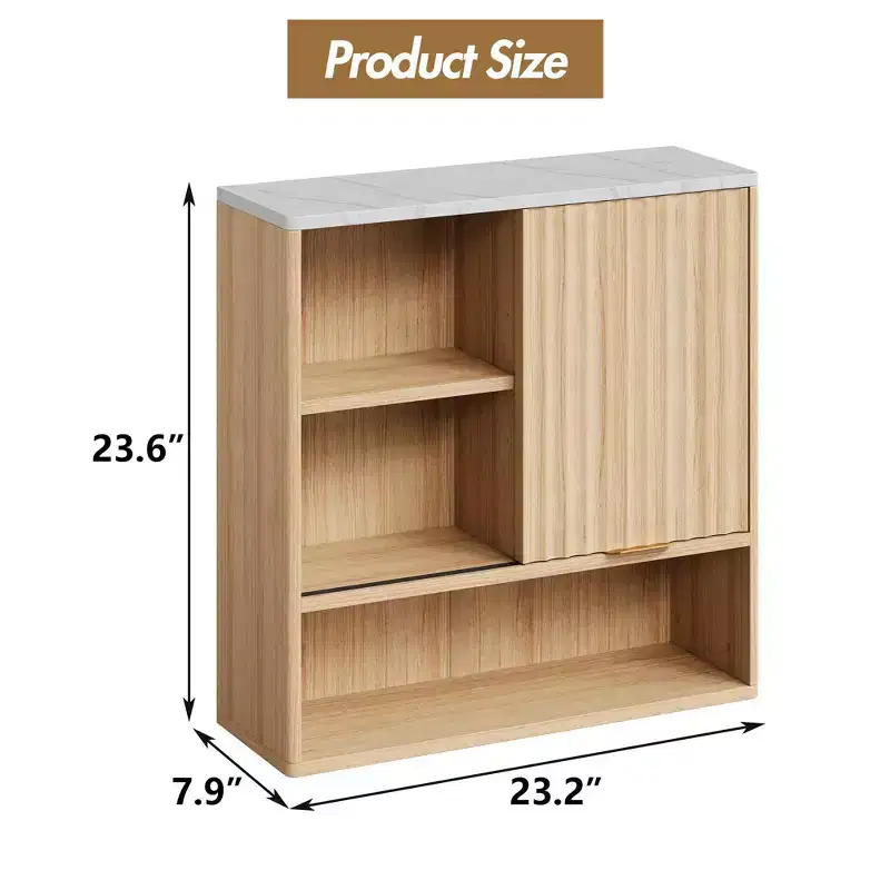 CuisinSmart Fluted Bathroom Wall Mounted Cabinet with Sliding Door, Medicine Cabinet with Faux Marble Top, Adjustable Shelf and Open Storage Space