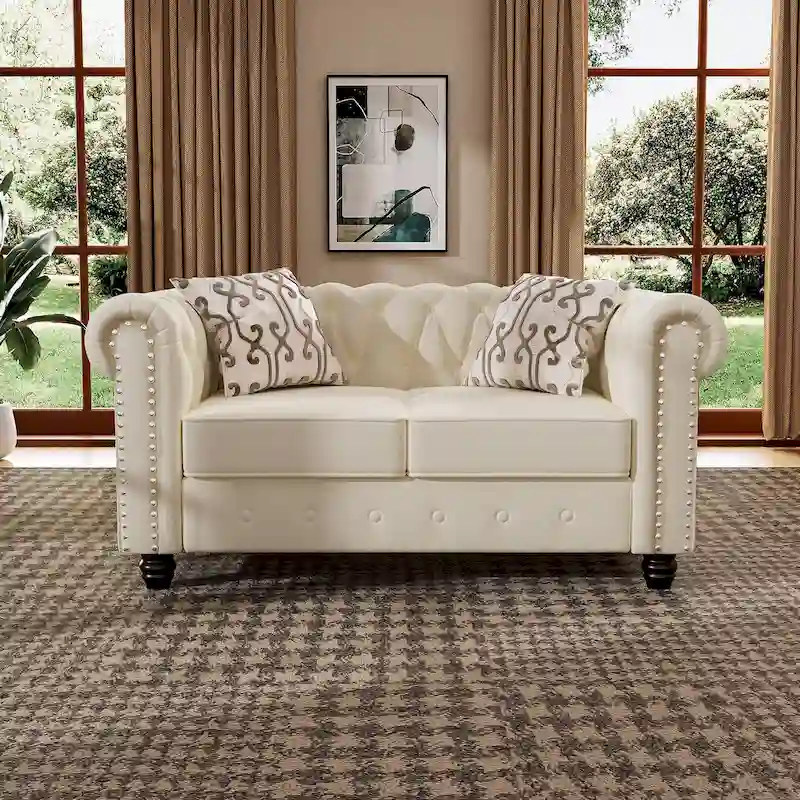 Velvet Chesterfield Loveseat with Button Tufting, Scrolled Arms & Turned Legs – Beige / Light Blue / Light Grey, Classic Style, 2-Person