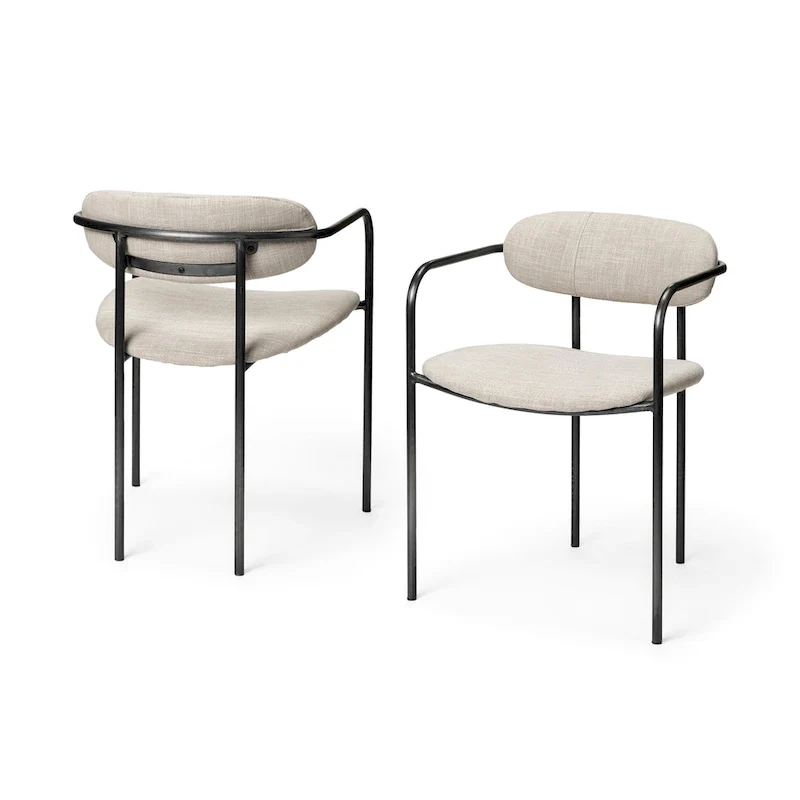 Dining Armchair, Open-Back, Fabric Upholstery, Matte Black Metal Frame, No Assembly Required, Beige & Gun Metal Gray, 1-Person Use