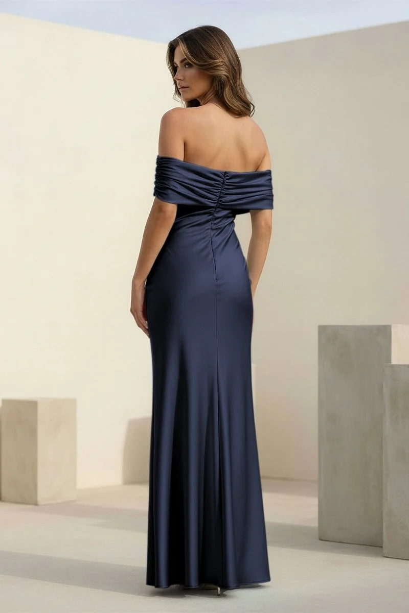Aqua Sheath Off The Shoulder Satin Long Prom Dresses