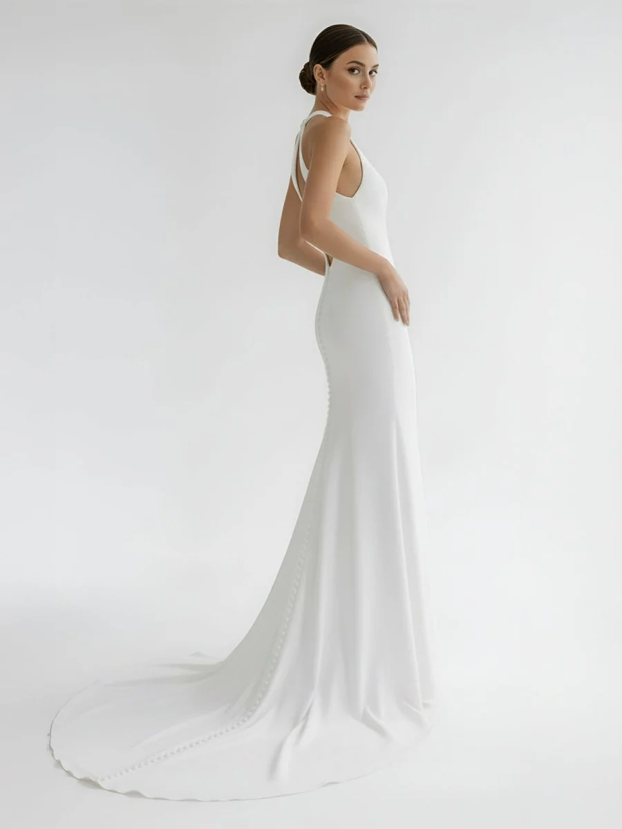 Simple White Halter Open Back Long Wedding Dress