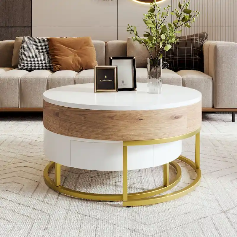 Modern Round Lift-Top Nesting Coffee Tables with 2 Drawers, Hydraulic Mechanism, MDF, White & Black