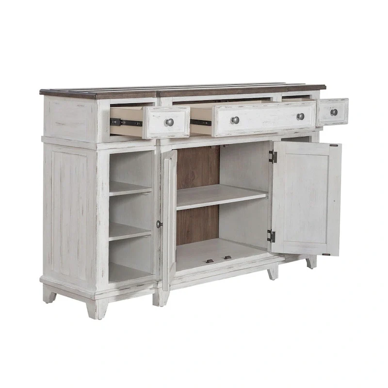 White & Grey Distressed Pine Breakfront Server – 1 Piece