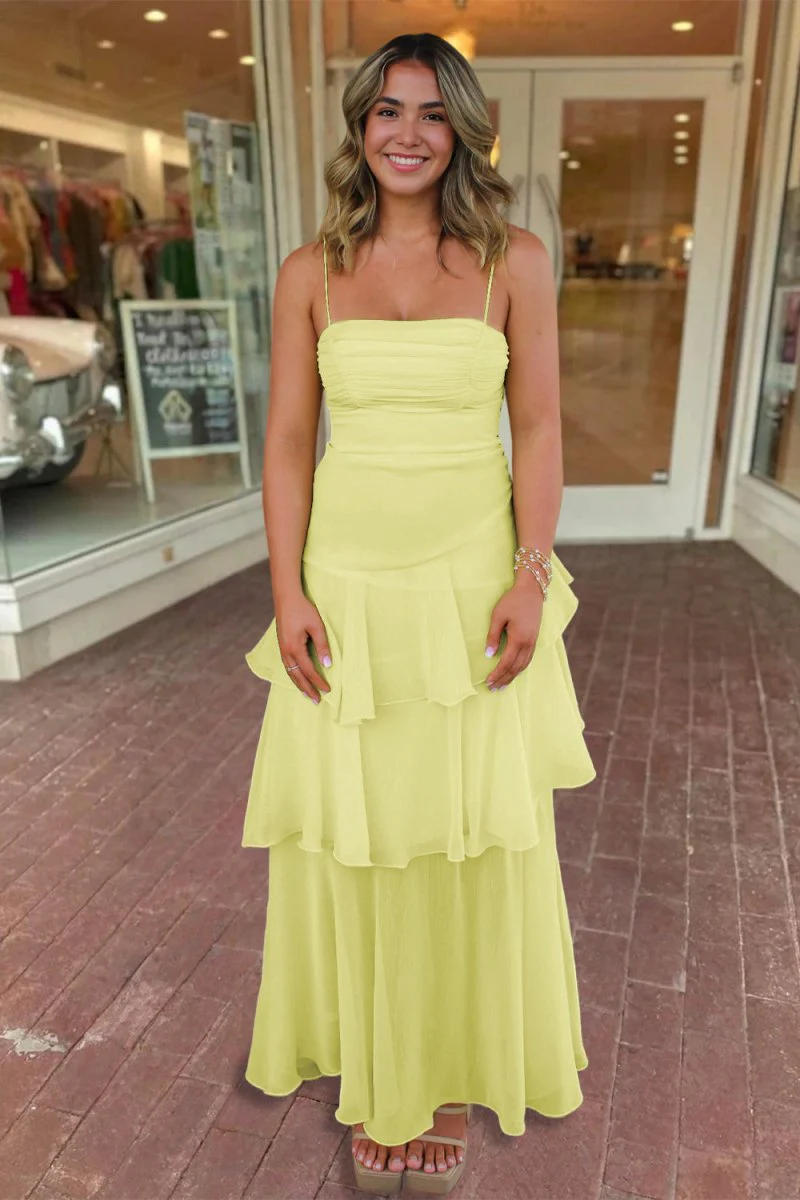 Yellow Spaghetti Straps Sheath Chiffon Pleated Formal Prom Dresses With Ruffles