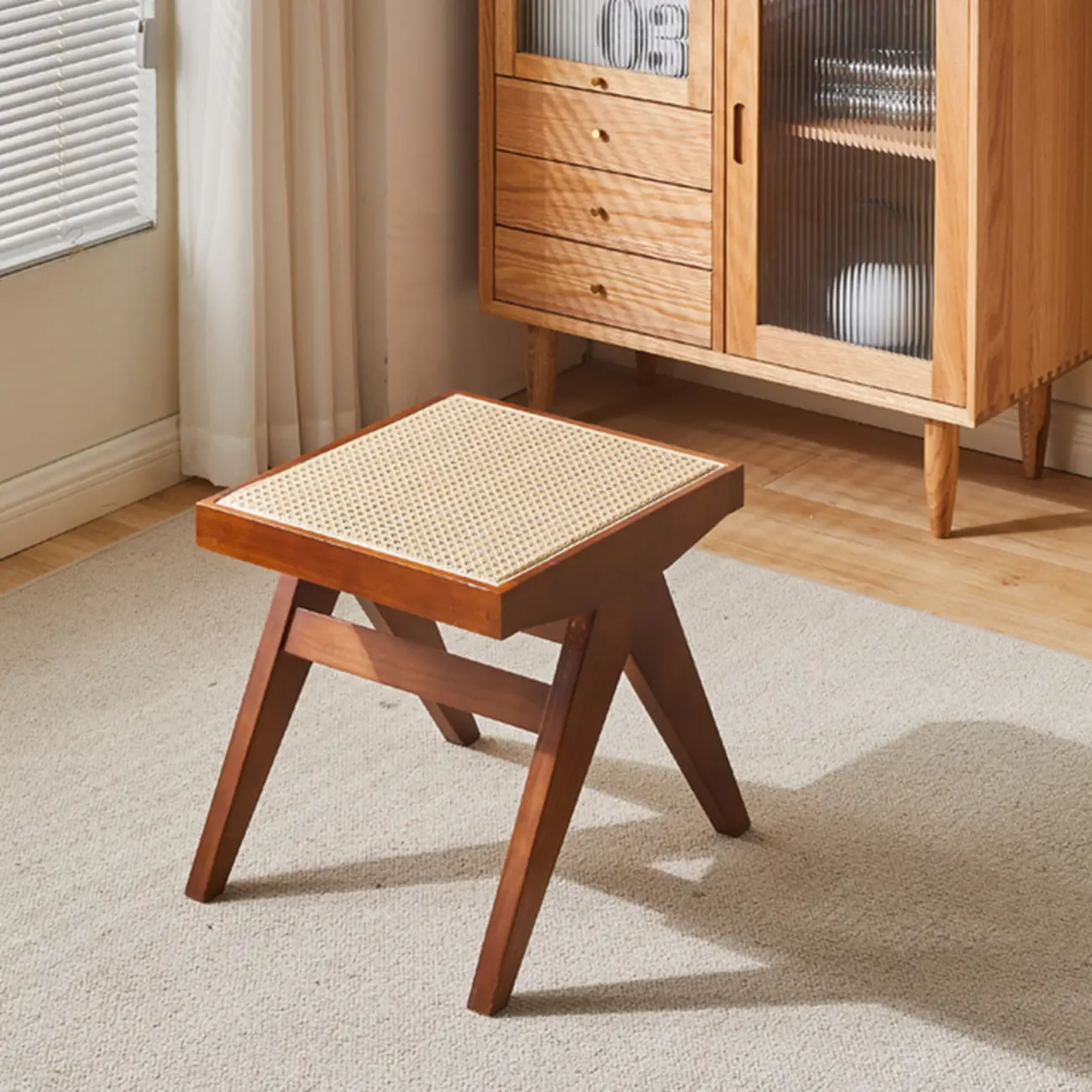 Elegant Rattan Top Finish Wooden Rectangular Cherry Benches