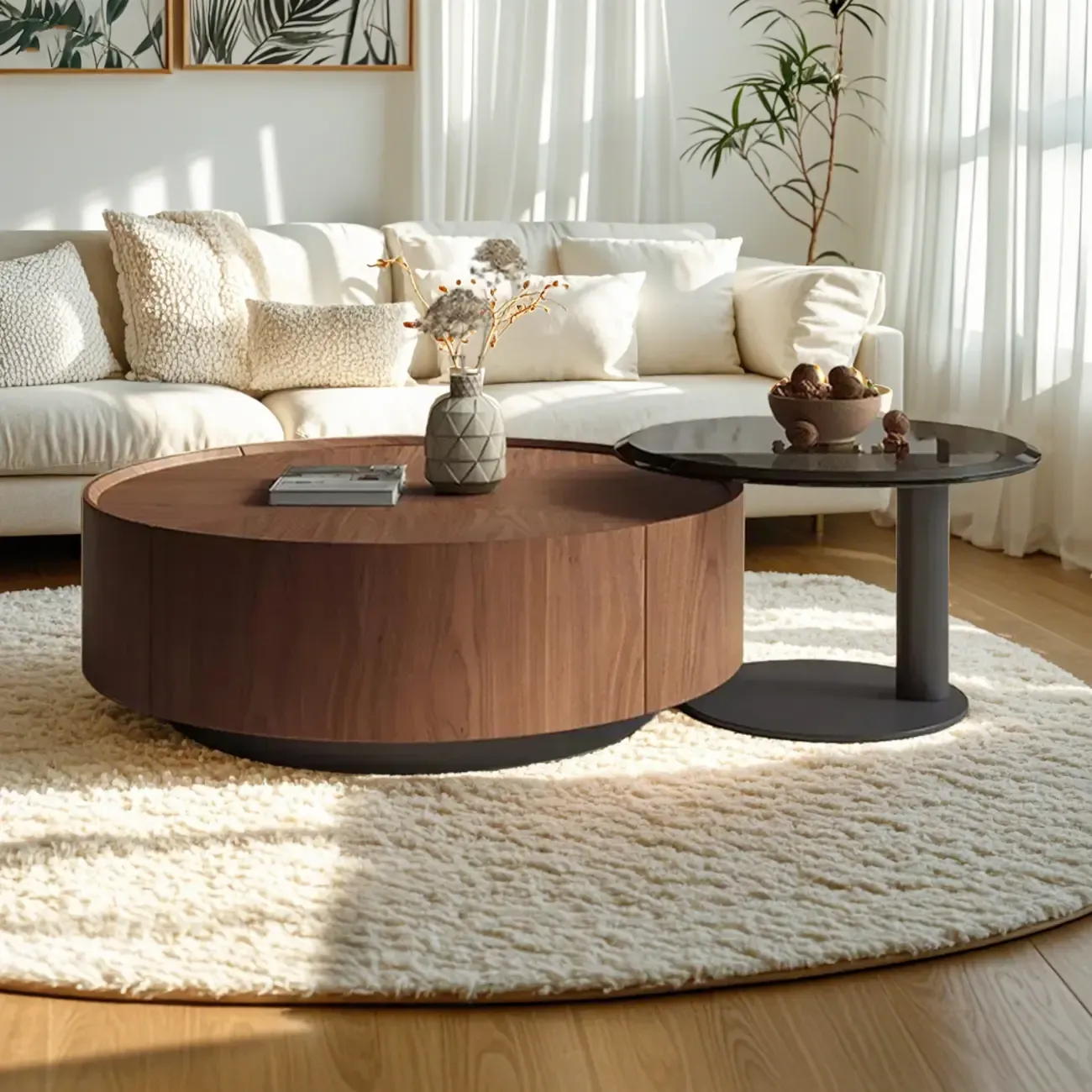 Modern Wooden Brown Round Nesting Coffee Table