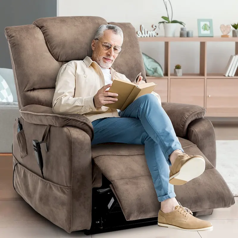 Brown/Yellow/Black Dual Motor Power Lift Recliner with Massage & Heat, 180° Flat, for 1 Person